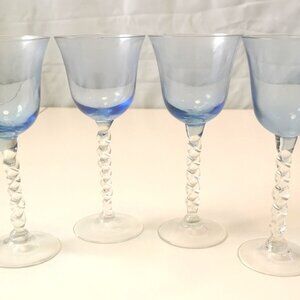 VINTAGE Set of 4 Aqua Blue Wine Goblets w/ Clear Corkscrew Twisted Stem | 1960s